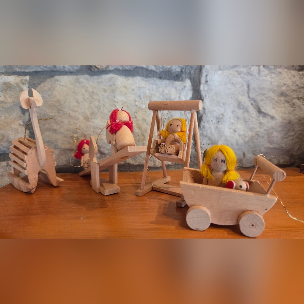 VTG Christmas Ornaments Wood Teeter Totter Rocking Horse Buggy Swing Lot 4 RUSS
